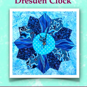 May include: A blue and black fabric Dresden clock pattern with a white background. The pattern is called "Dresden Clock" and is a downloadable pattern.