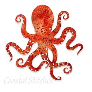 May include: Red octopus with white polka dots, a watercolor illustration with a white background. The octopus has eight tentacles and is curled up in a relaxed pose. The text "Coastal Stitches" is written below the octopus.