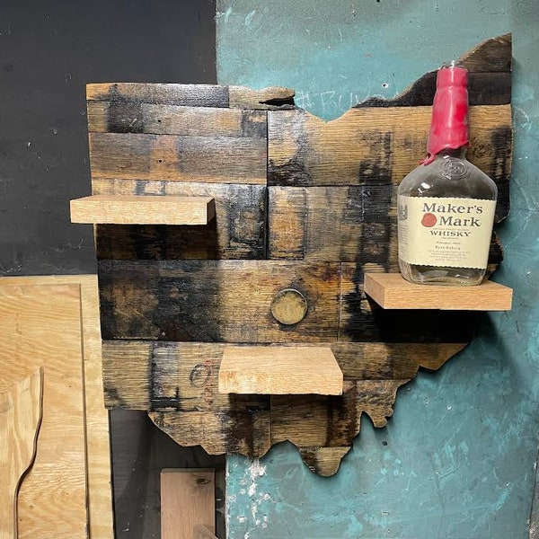 Bourbon Barrel Ohio Bottle Display, Handmade Whiskey Shelf, Home Bar Decor