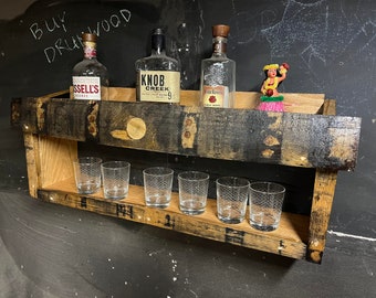 Handmade Bourbon Barrel Stave Shelf: Rustic Whiskey and Glassware Display