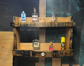 2 Tier Bourbon Barrel Stave Shelf-  Rustic Whiskey Wall Display with Mounting Hardware, Bar Gift for Him