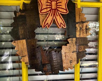Handmade Bourbon Barrel Stave Christmas Wreath | Rustic Holiday Decor