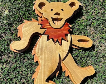 Handmade Mixed Woods Dancing Bear Wall Art, Bourbon Gift, Home Bar Decor (20" x 18")