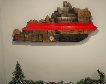 Bourbon Barrel Kentucky Firefighter Sign, Red Line Display, Home Bar Decor
