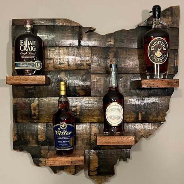 Ohio Bourbon Barrel Stave Bottle Shelf: Rustic Home Bar Decor