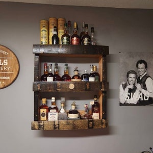 Floating Kentucky bourbon barrel wood bottle display/shelf (three tiered)