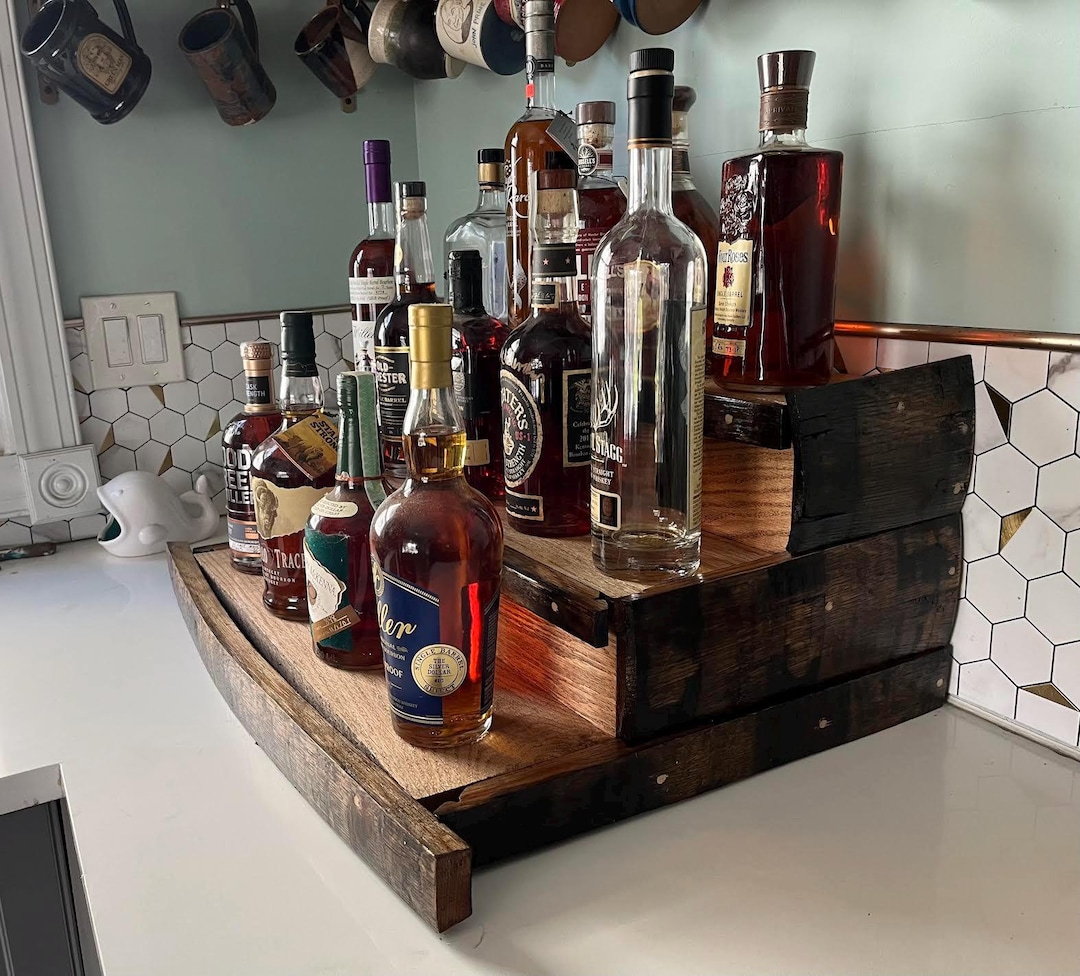 Bourbon Barrel Liquor Display: 3 Tier Rustic Whiskey Shelf - Etsy