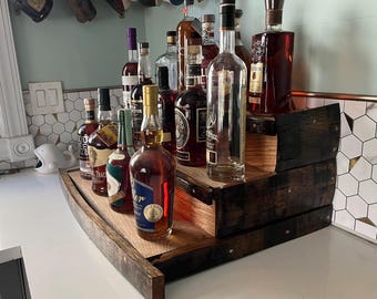 Bourbon Barrel Liquor Display: 3 Tier Rustic Whiskey Shelf