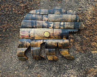 Handmade Bourbon Barrel Stave Bear, Rustic Home Bar Decor