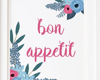 SALE "Bon Appetite" Quote Print Kitchen Pun wall art kitchen decor cooking kitchen funny food quote flower wreath