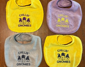 Gnome Baby Bib, Embroidered, Chillin’ With My Gnomies