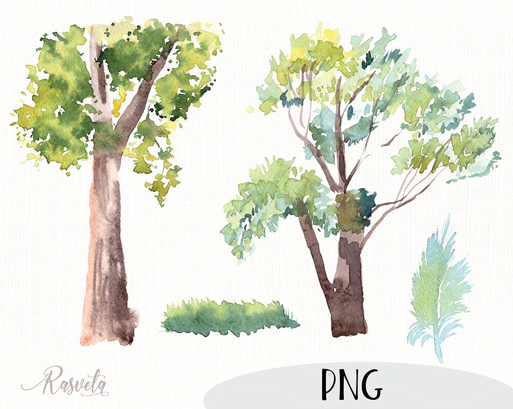 Green tree and grass Clipart Hand Painted Trees Shrubs // Etsy