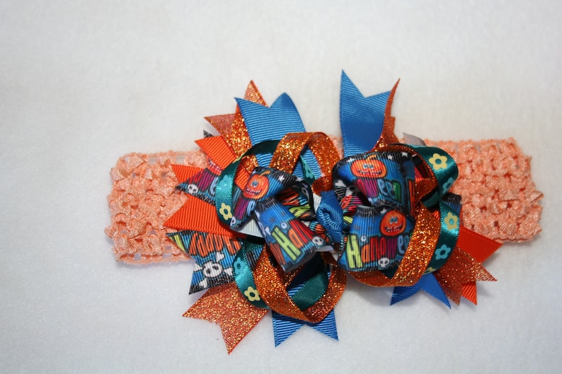 Halloween #2 on Peach... Boutique Ribbon bow on a crocheted Interchangable headband ..... Free Shipping