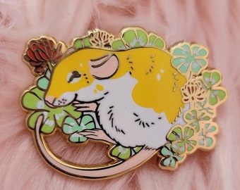 Lucky Rat Fawn Hooded Rat with Red Clover Flowers Hard Enamel Gold Pins