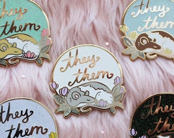 They/Them Pronoun Hard Enamel Pins Glitter Pride Rats