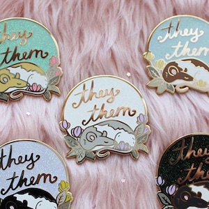 They/Them Pronoun Hard Enamel Pins Glitter Pride Rats