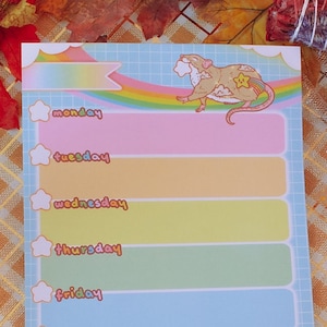 May include: A weekly planner with a rainbow and a cartoon rat. The planner has a space for each day of the week: Monday, Tuesday, Wednesday, Thursday, Friday, Saturday, and Sunday.