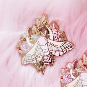 Moon Flowers Moth Hard Enamel Pin Rose Gold Pastel Glitter