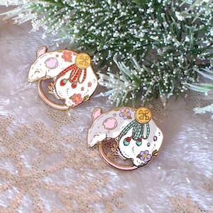 JUNE 2021 Cherry Blossom Mouse Tattoo Pin Hard Enamel Pin Gold Metal and Die-cut Sticker