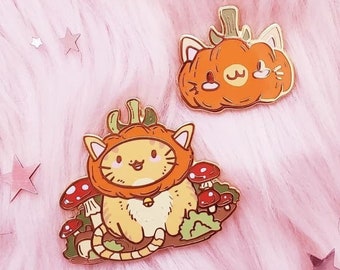 PumpKiki Pumpkin and Mushroom Cat Hard Enamel Pins and Stickers