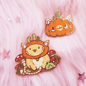 PumpKiki Pumpkin and Mushroom Cat Hard Enamel Pins and Stickers