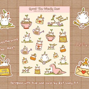 May include: A sheet of matte weatherproof stickers featuring a cute cartoon mouse character named Sprout. The stickers feature various designs, including Sprout in a pot, Sprout in a bowl of noodles, Sprout in a bag, and Sprout with a flower. The stickers are 3.25 inches by 4.5 inches.