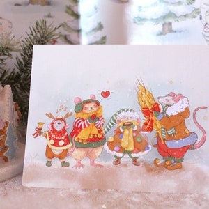 Cozy Rats Christmas Holiday Notecard Caroling Rats and Mice Blank Inside