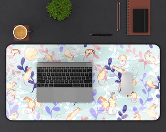 May include: A blue and white mouse pad with a repeating pattern of cartoon rats holding onto vines. The rats are in various poses and have different colored fur. The background is a light blue with white clouds and purple vines.