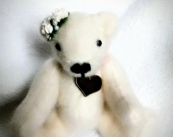 A white Bear called "Snowy" made with miniature bear making fabric,  Ideal for a Birthday or Wedding gift. Keepsake.