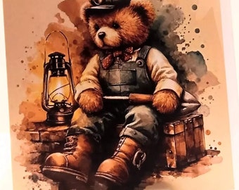 Teddy Bear Miner, blank greeting card for Birthday or as a notelet