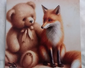 Teddy Bear and Fox Friend Greeting Card blank inside