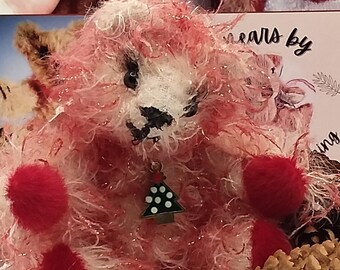 FUZZY Christmas Collectors Miniature Bear approx 4/5 inches height,, beautiful Christmas red and white, Birthday or Christmas gift