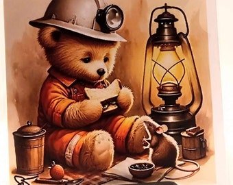 Teddy Bear Miner, blank greeting card for Birthday or as a notelet