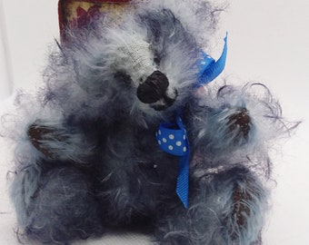 Artist Small Teddy Bear, Handmade Blue Mohair Bear called BLUEY