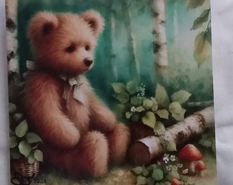 Teddy Bear sitting in a Wood Greeting Card blank inside