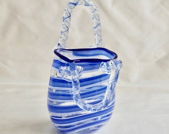 Vintage Art Glass Handbag Vase Or Ornament Stripes Of Blue Hues