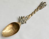 Solid Brass Spoon, Ornate Design, Vintage Metal Spoon, Hindu Monkey God, Ganesh Elephant God, Canister Spoon, India Gifts, Collectors Spoon