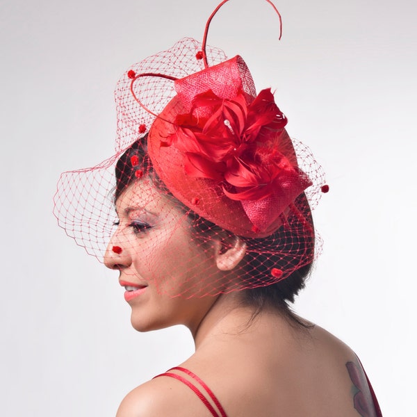 sinamay cocktail hat, red  straw hat, feathered flower fascinators, wedding hat, royal ascot hat,  Kentucky derby hat, Melbourne Cup hat