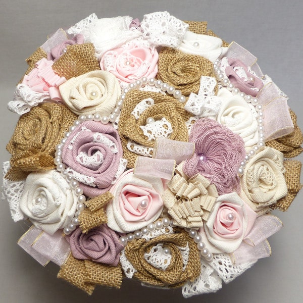 Bouquet de Mariée tissu, toile de jute et dentelle style " Bohème "