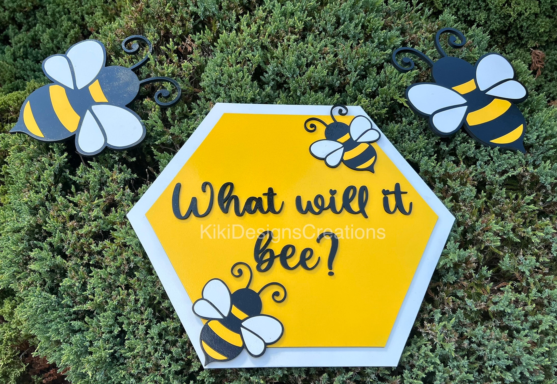 Baby Bee Sign What will baby bee Gender Reveal Party Backdrop Sign Boy or Girl Baby Shower MDF Sign Baby Bee Honeycomb sign