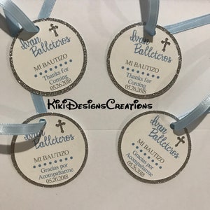 Blue and Silver Sparkle Christening Mi Bautizo Thank You Favor Tags, Blue Cross Tags, Baptism Tags, Baby Dedication Tags, Personalized Tags image 1