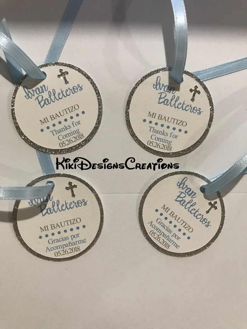 Blue and Silver Sparkle Christening Mi Bautizo Thank You Favor Tags, Blue Cross Tags, Baptism Tags, Baby Dedication Tags, Personalized Tags image 1