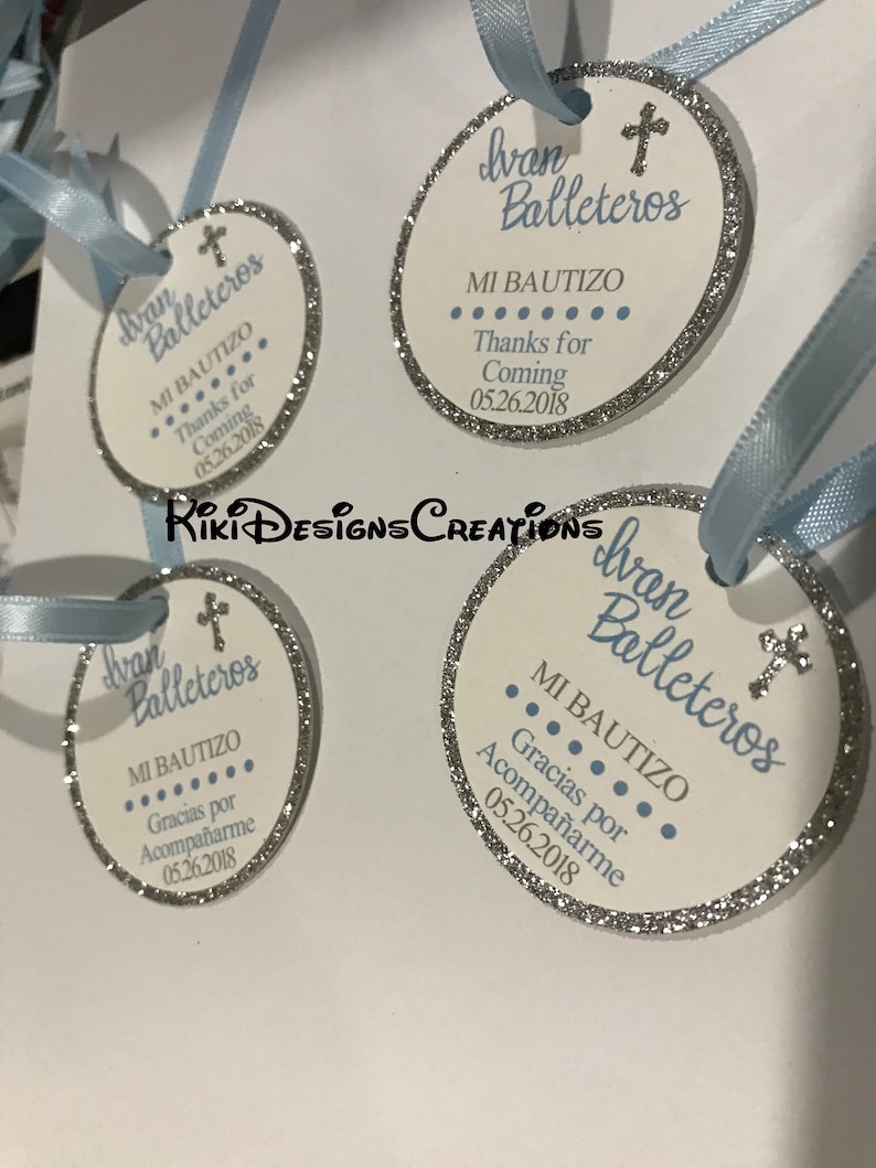 Blue and Silver Sparkle Christening Mi Bautizo Thank You Favor Tags, Blue Cross Tags, Baptism Tags, Baby Dedication Tags, Personalized Tags image 3