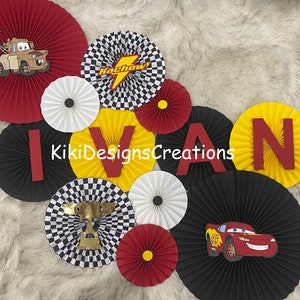 Lighten McQueen Party Paper fan, Lighten McQueen photo backdrop, Lighten McQueen party Decor