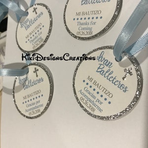 Blue and Silver Sparkle Christening Mi Bautizo Thank You Favor Tags, Blue Cross Tags, Baptism Tags, Baby Dedication Tags, Personalized Tags image 2