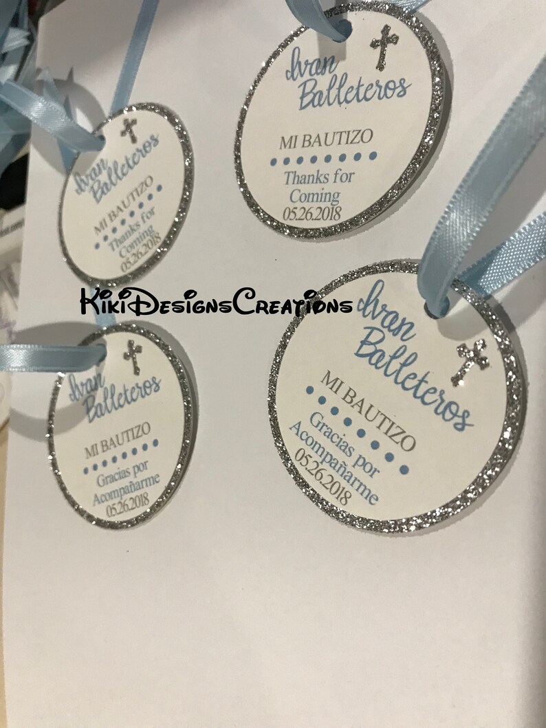 Blue and Silver Sparkle Christening Mi Bautizo Thank You Favor Tags, Blue Cross Tags, Baptism Tags, Baby Dedication Tags, Personalized Tags image 2