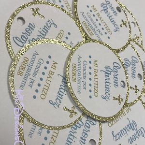 Blue and Gold Sparkle Christening Mi Bautizo Thank You Favor Tags, Blue Cross Tags, Baptism Tags, Baby Dedication Tags, Personalized Tags