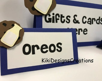 leche y galletas Tarjetas de lugar, tema de galletas Tarjetas de buffet, leche y galletas Etiquetas de alimentos