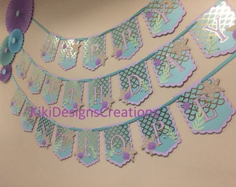 Mermaid Birthday banner, Mermaid happy birthday banner, Mermaid starfish and seashell banner, under the sea