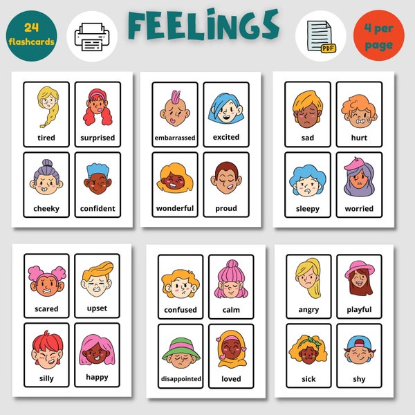 FEELINGS Flashcards Instant Downloads, Happy Angry Sad Sleepy flash cards, parents teachers teaching tools cards, Feelling topic flashcards